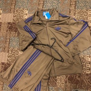 Adidas Brown Tracksuit with Blue Stripes